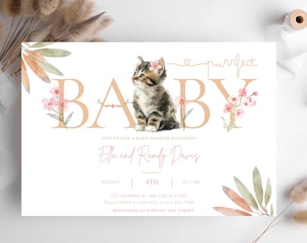 Editable Kitten Baby Shower Invite | Cat Purr-fect Baby shower invitation | Cat shower invite | Baby girl kitty shower | Cat-themed invite
