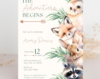 Let the adventure begin shower Invite | Woodland Baby shower invitation | Boho woodland shower invite | gender neutral baby shower invite