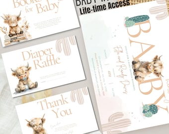 Western Baby Shower Invite Set | highland Cow shower invitation | cowboy baby shower invite | howdy baby shower invite | Desert baby invite