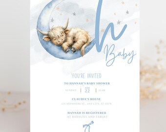 Highland Cow Baby Shower Invite | Over the Moon invitation | moon and stars invite | Country boy baby shower invitation | space baby shower