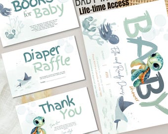 Editable Turtle Baby Shower Invite Set | Under the Sea party invite | shower invite set | Books for baby set | Ocean baby invite