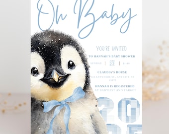 Editable Penguin Baby Shower Invite | Blue Winter Baby invitation | Baby it's cold outside baby shower invite | Boy winter baby shower