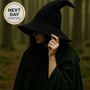 May include: A black witch's hat with a wide brim and a pointed crown. The hat is worn with a dark green cloak. The image is set in a forest with blurred trees in the background. The hat is being held by a person.
