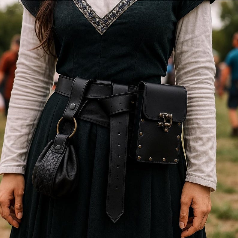 May include: Black leather belt with a matching pouch and a rectangular bag with a clasp. The belt has a decorative ring and a Celtic knot design on the pouch. The bag has rivets and a decorative clasp.