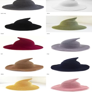 May include: A collection of witch hats in various colors, including dark gray, white, black, green, red, gray, khaki, blue, yellow, and pink. Each hat features a pointed crown and a wide brim, suitable for costumes or fashion.