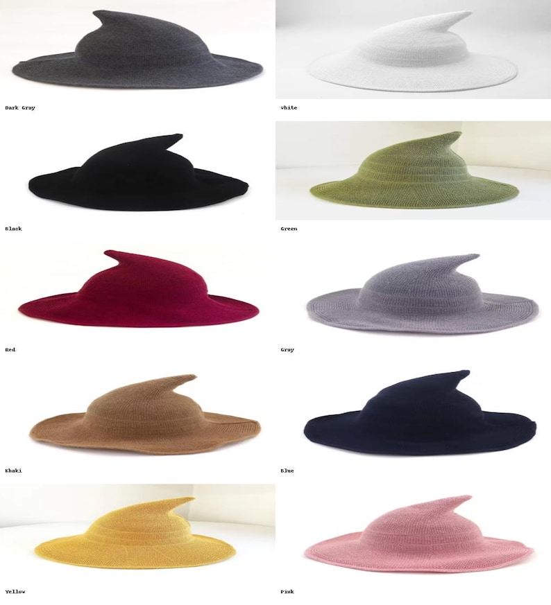 May include: A collection of witch hats in various colors, including dark gray, white, black, green, red, gray, khaki, blue, yellow, and pink. Each hat features a pointed crown and a wide brim, suitable for costumes or fashion.