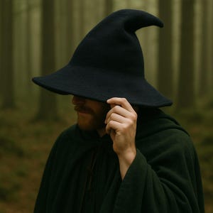 May include: A black witch hat with a wide brim and a pointed top. The hat is made of a textured fabric. The person in the image is wearing a dark green cloak.