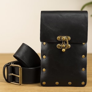 Renaissance Medieval Leather Belt, Ren Faire Viking Cosplay Belt Bags, Steampunk Halloween Waist Bag, Pu Leather Larp Belt, Skirt Hikes Black Belt & Bag
