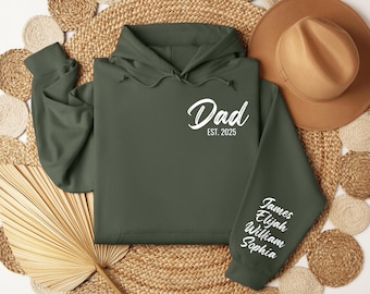 Personalisierter Papa Hoodie, Papa Sweatshirt mit den Namen der Kinder auf dem Ärmel, personalisiertes Est Datum New Dad Hoodie, niedlicher Papa Pullover, Geschenk zum Vatertag