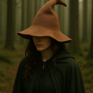 May include: A brown witch hat with a wide brim and pointed top. The hat is worn with a dark green hooded cloak. The background is a blurred forest scene.