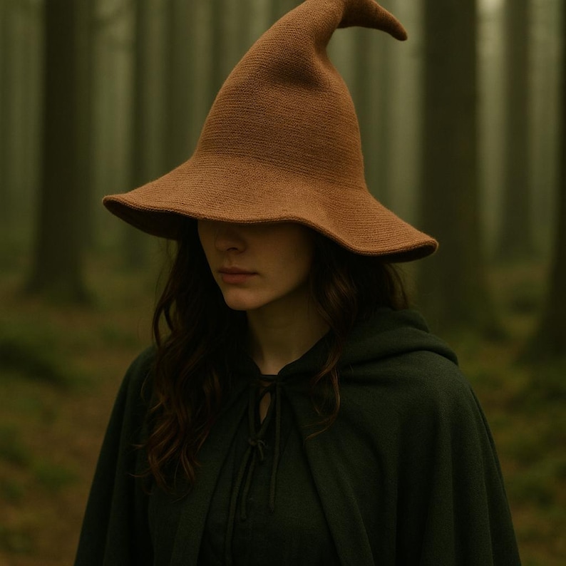 May include: A brown witch hat with a wide brim and pointed top. The hat is worn with a dark green hooded cloak. The background is a blurred forest scene.
