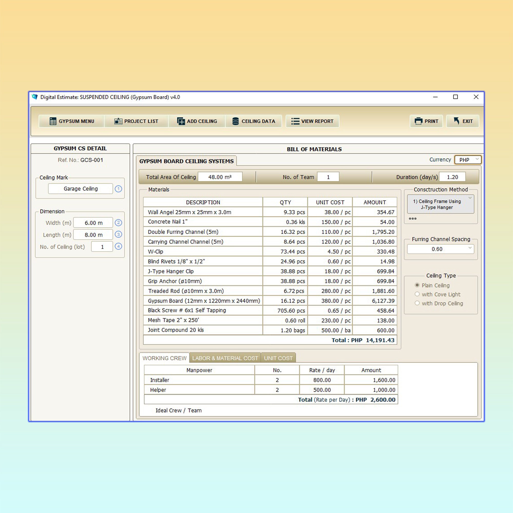 Gypsum Ceiling Estimator, Ceiling Estimator, Gypsum Board Estimator