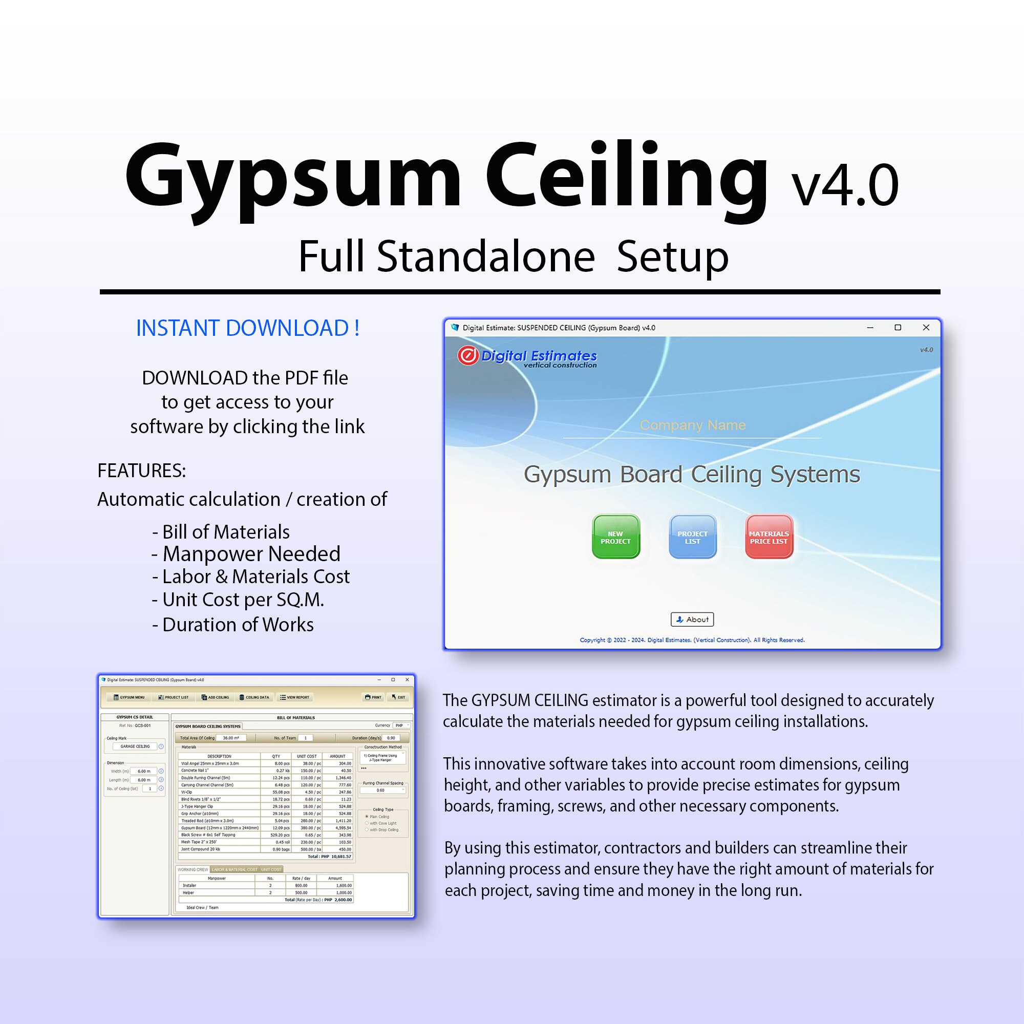Gypsum Ceiling Estimator, Ceiling Estimator, Gypsum Board Estimator