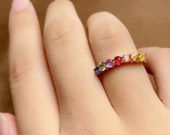 Anillo de zafiro arcoíris natural, anillo de moda para mano derecha, banda de plata de ley 925