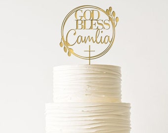 Personalized Baptism Cake Topper With Wreath / Custom Christening Cake Topper / Boho Floral God Bless Cake Topper