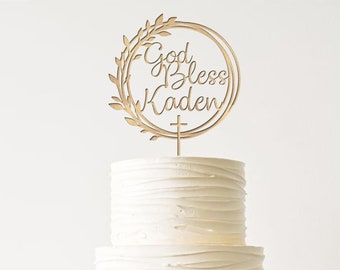 Personalized Baptism Cake Topper With Wreath / Custom Christening Cake Topper / Boho Floral God Bless Cake Topper