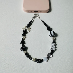 12.5 inch Black & White Phone Charm Strap with Lanyard Pad - Smiley Face, Star, Heart Beads - Handmade Phone Accessory