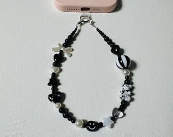 12.5 inch Black & White Phone Charm Strap with Lanyard Pad - Smiley Face, Star, Heart Beads - Handmade Phone Accessory