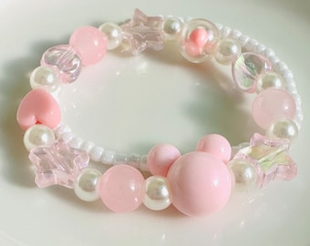 Disney Inspired Bracelet Set - Pink Beaded Mickey Mouse Bracelet - Kawaii Jewelry - Handmade Cute Pastel Bracelet - Gift for Her