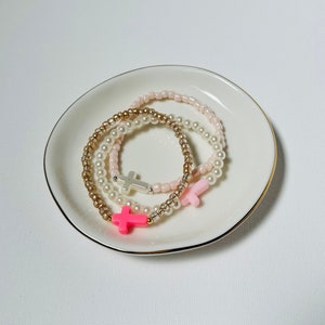 Handmade Faith Inspired Bracelets with Cross Charms - White Pearl, Hot Pink, Light Pink - Gift for Her