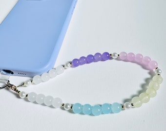 Abalorio para teléfono con cuentas pastel y almohadilla para cordón - Correa para teléfono de 12,5 pulgadas - Correa de muñeca con cuentas de colores - Accesorio para teléfono hecho a mano