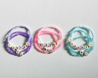 Personalized Name Bracelet Set for Girls, Kids Flower Bracelet Set, Beaded Flower Bracelet, Gift for Her, Children's Jewelry