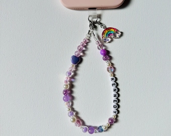 Personalized Phone Charm Strap - 12.5 Inch Custom Name/Word Beaded Phone Charm Strap with Lanyard Pad - Gift for Her