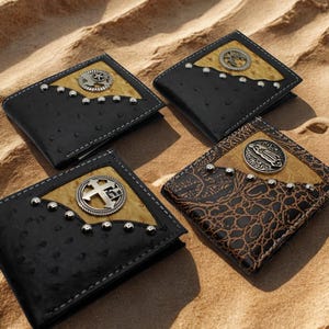 May include: Four black leather wallets with decorative silver accents and embossed designs. Each wallet features a different emblem, including a cross, a circular design, and a religious figure. The wallets are displayed on a sandy surface.