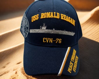 CVN-76 USS Ronald Reagan marinehoed. Veteraan geborduurde draagtas. Vrede door kracht hoed. Amerikaanse marinehoed. Marine veteranenhoed.  Hoed CVN-76