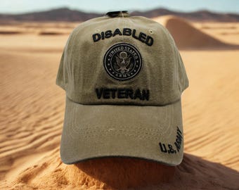 障害退役軍人用帽子。アメリカ陸軍ウォッシュドブラウンキャップ、アメリカ陸軍障害退役軍人刺繍入り帽子。陸軍帽子。障害陸軍退役軍人用帽子。退役軍人への贈り物