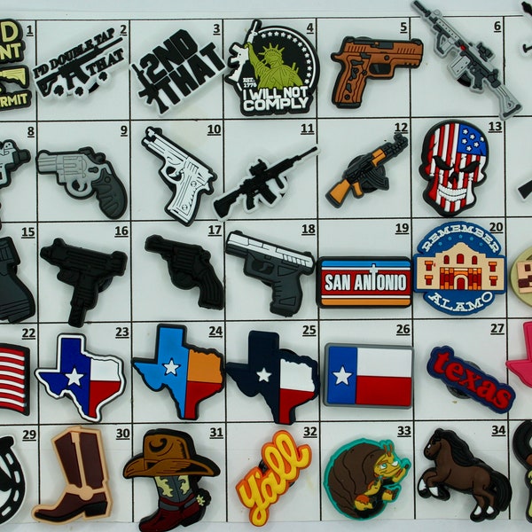 Texas Shoe charms. Gun shoe charm. Pistol Shoe charm. 2nd Amendment Charm. Texas map charm. Military charm. The Alamo. AK47 charm. 2A charms