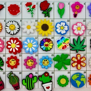 May include: A set of 35 colorful, whimsical charms featuring various designs, including flowers, smiley faces, cacti, and a globe. The charms are arranged in a grid on a white background, numbered 1 through 35.