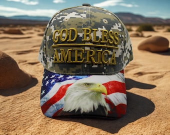 God Bless America Camo Hat – Patriotic USA Flag Baseball Cap – Embroidered American Pride Hat. Veteran Gift. USA Hat. Veteran Hat
