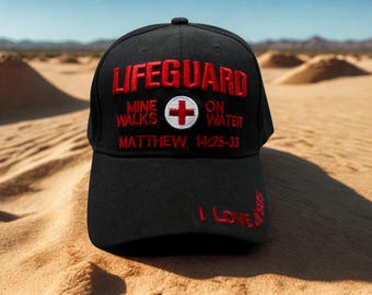 Sombrero rojo de Jesús, salvavidas – Gorra bordada con la frase "Él camina sobre el agua" – Regalo religioso para creyentes. Sombrero negro de Jesús. Sombrero cristiano para hombre.