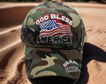 God Bless America Camo Hat – Patriotic USA Flag Baseball Cap – Embroidered American Pride Hat. Veteran Gift. USA Hat. Veteran Hat