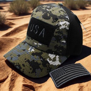 Patriotic USA Camouflage Hat. Mesh Back Trucker Cap with Removable American Flag Patch. Veteran Gift. Tactical USA Baseball Hat. USA Hat