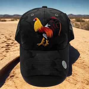Rooster Mesh Back Hat. Black Camo Trucker Cap with Embroidered Gallo Design. Cock Fight Hat El Gallo Hat. Rooster Hat. Gorra del Gallo