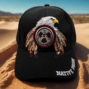 Sombrero con espíritu de águila de estilo nativo americano. Gorra negra con águila bordada. Sombrero ajustable inspirado en la naturaleza. Sombrero nativo americano. Sombrero atrapasueños. Sombrero de EE. UU.