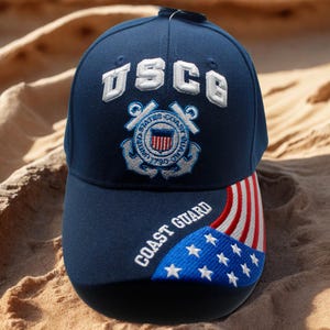アメリカ沿岸警備隊の青い帽子。USCGのアメリカ国旗入りキャップ。米軍