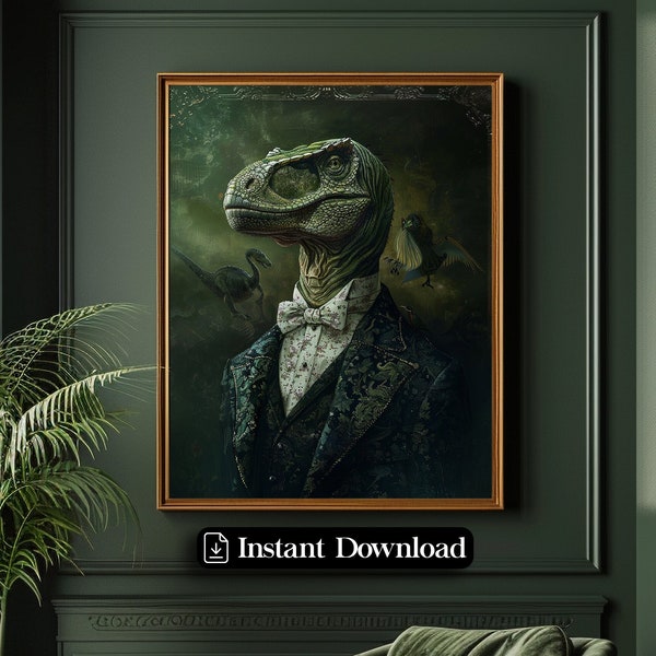 Dinosaur Raptor Vintage Portrait, Royal King Animal Painting, Renaissance Animal Portrait, Dinousaur Animal Funny Poster, Altered Art Print