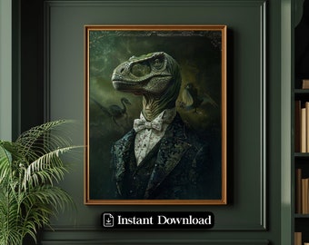 Dinosaur Raptor Vintage Portrait, Royal King Animal Painting, Renaissance Animal Portrait, Dinousaur Animal Funny Poster, Altered Art Print