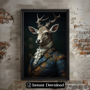 Deer Vintage Portrait, Royal King Animal Painting, Renaissance Animal Portrait, Animal Funny Poster, Altered Art Print