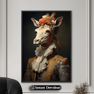 Giraffe Vintage Portrait, Royal King Animal Painting, Renaissance Animal Portrait, Animal Funny Poster, Altered Art Print