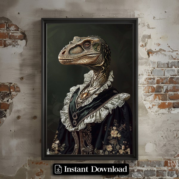 Renaissance Dinosaur Portrait, Royal King Animal Painting, Renaissance Animal Portrait, Dinousaur Animal Funny Poster, Altered Art Print