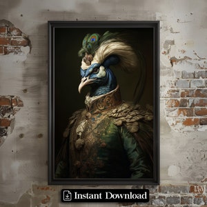 Royal Peacock Vintage Portrait, Royal King Animal Painting, Renaissance Animal Portrait, Animal Funny Poster, Altered Art Print