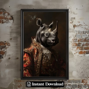 Rhino Vintage Portrait, Royal King Animal Painting, Renaissance Animal Portrait, Rhino Animal Funny Poster, Altered Rhino Art Print