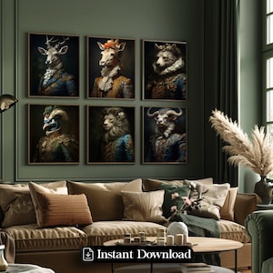 Victorian Animal Portrait Gallery Wall Set of 6, Royal Animal Painting, Renaissance Animal Portrait, Animal Funny Poster, Altered Art Print