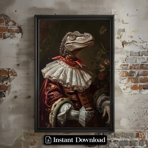 Royal Dinosaur Vintage Portrait, Royal King Animal Painting, Renaissance Animal Portrait, Dinousaur Animal Funny Poster, Altered Art Print