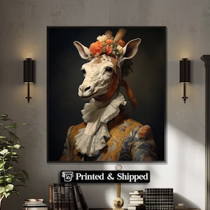 Regal Giraffe Vintage Portrait, Royal King Animal Painting, Renaissance Animal Portrait, Animal Funny Poster, Altered Art Print