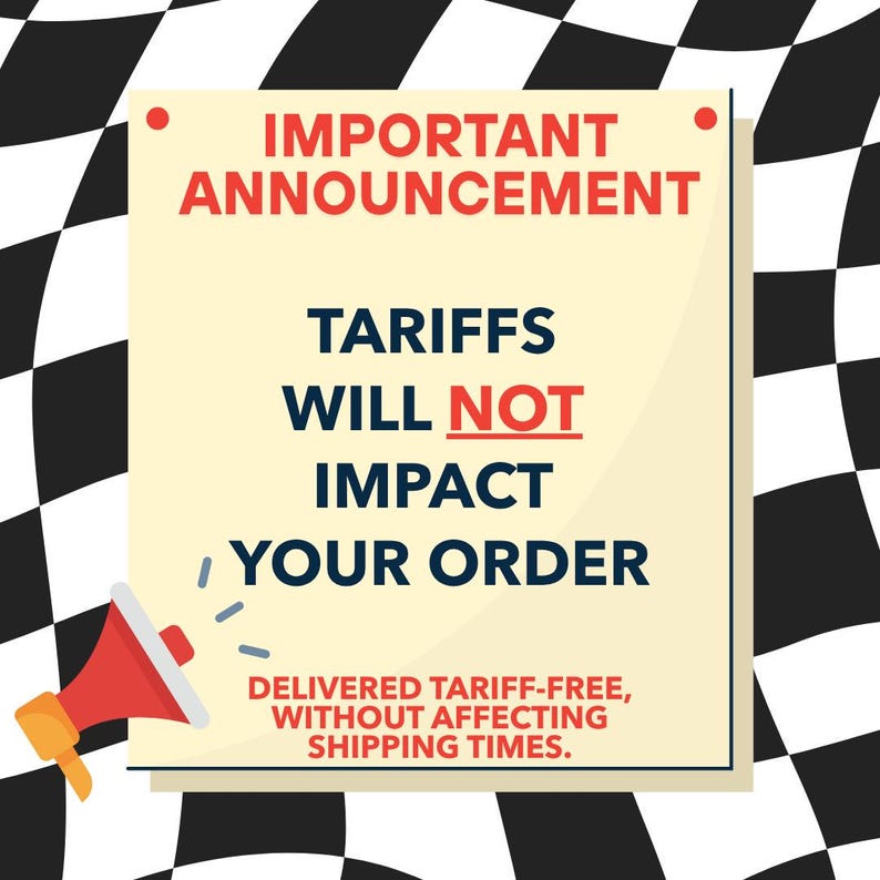 a message about a free delivery offer, stating that "TARIFFS WILL NOT IMPACT YOUR ORDER" and that the offer is " DELIVERED TARIFF-FREE, WITHOUT AFFECTING SHIPPING TIMES."